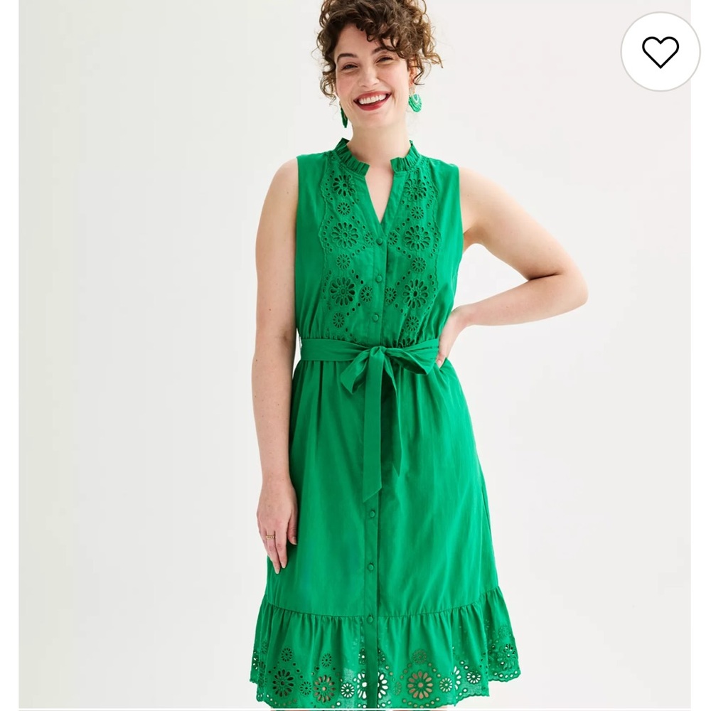 Women's Draper James Eyelet Lace Trimmed Sleeveless Belted Green Dress